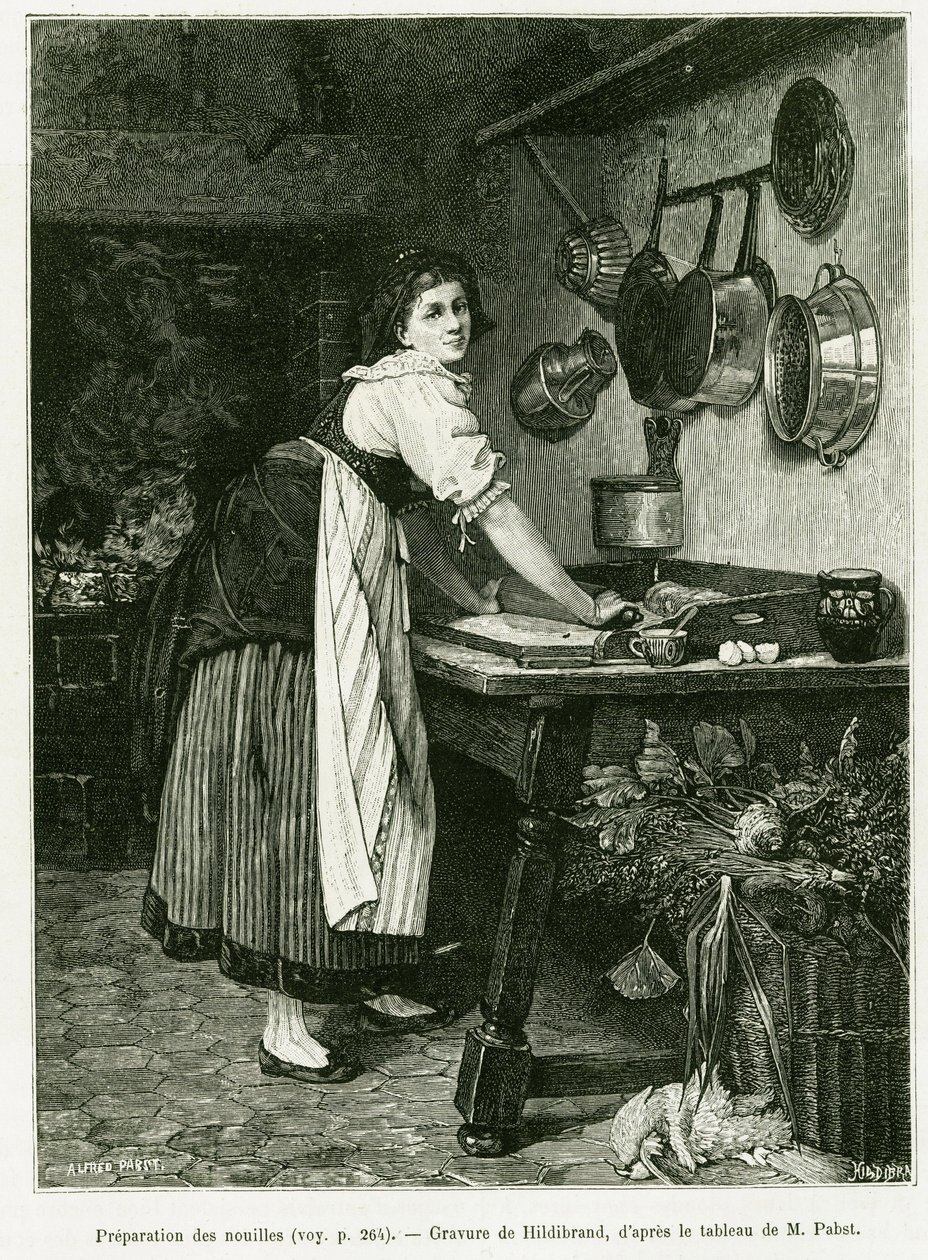 Erişte hazırlığı. Edouard Charton (1807-1890), Hachette, Paris tarafından yönetilen tur du monde 1888'de, 1887'de Alsace ve Lorraine Yoluyla A'yı göstermek için Hildibrand tarafından gravür. by Adolf von Hildebrand