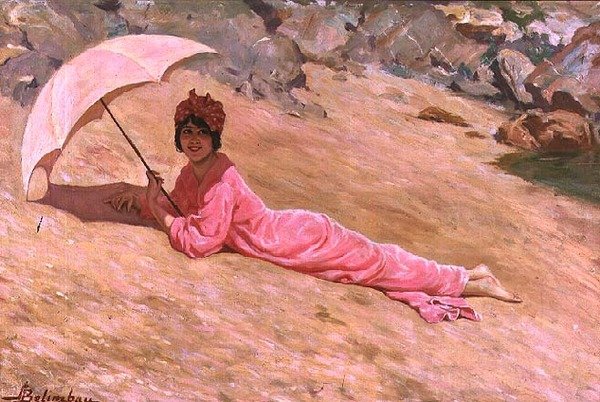 Sahilde pembe şemsiyeyle yatan kız (tuval üzerine yağlı boya) by Adolfo Belimbau