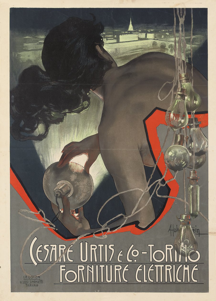 İtalyan aydınlatma tedarik firması Cesare Urtis & Co. of Torino için üretilen reklam afişi, 1889 by Adolfo Hohenstein