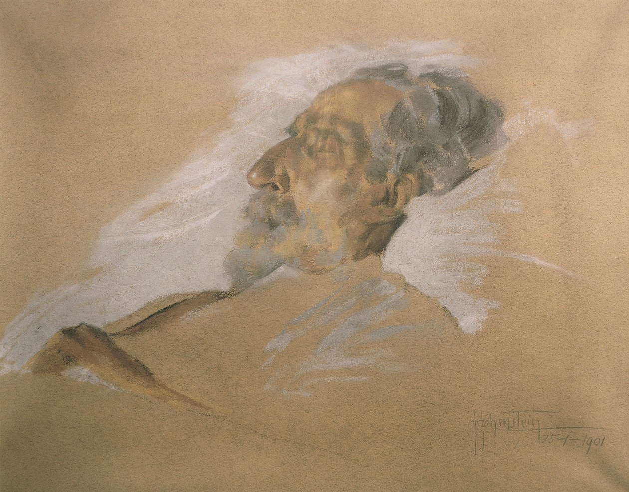 Giuseppe Verdi ölüm döşeğinde (kağıt üzerinde yıkama ve beyaz kabartmalı kalem) by Adolfo Hohenstein