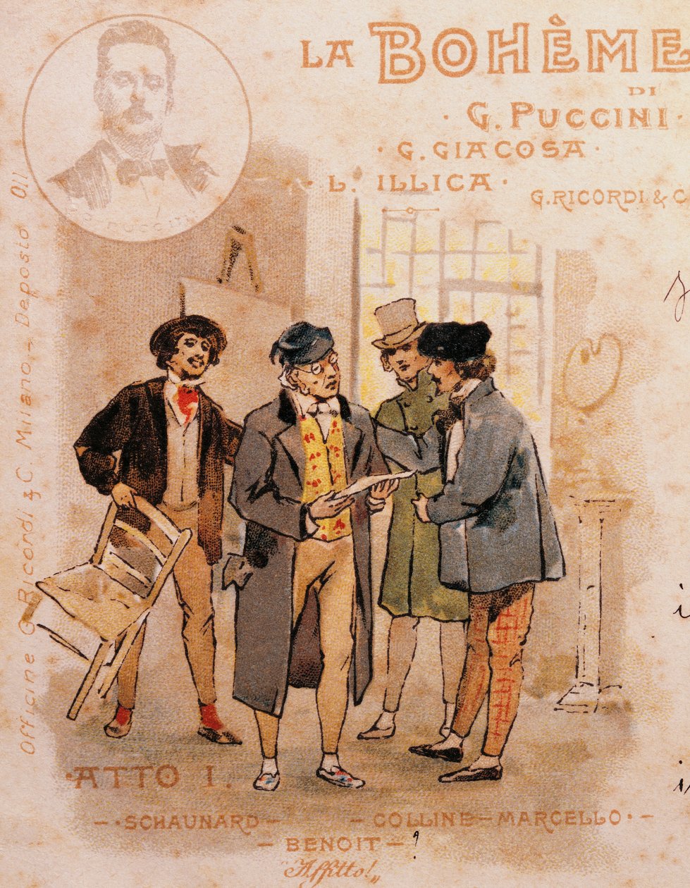 Adolf Hohenstein (1854-1928) tarafından La Boheme'nin ilk performansı için posta kartı by Adolfo Hohenstein