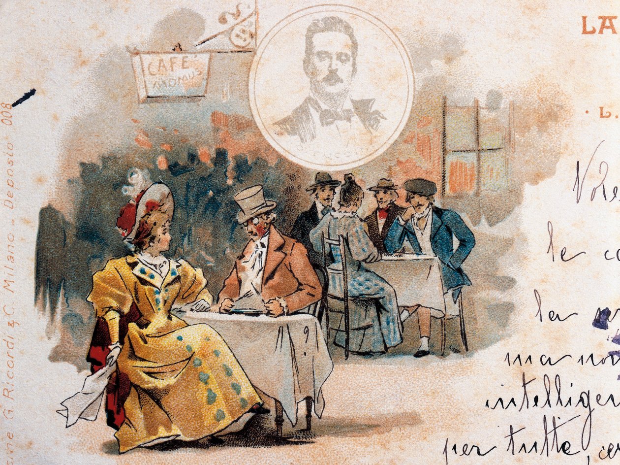Adolfo Hohenstein'ın (1854-1928) Giacomo Puccini (1858-1924) tarafından La Boheme operasının galası vesilesiyle yarattığı, ikinci perdeden sahneyi tasvir eden kartpostal by Adolfo Hohenstein