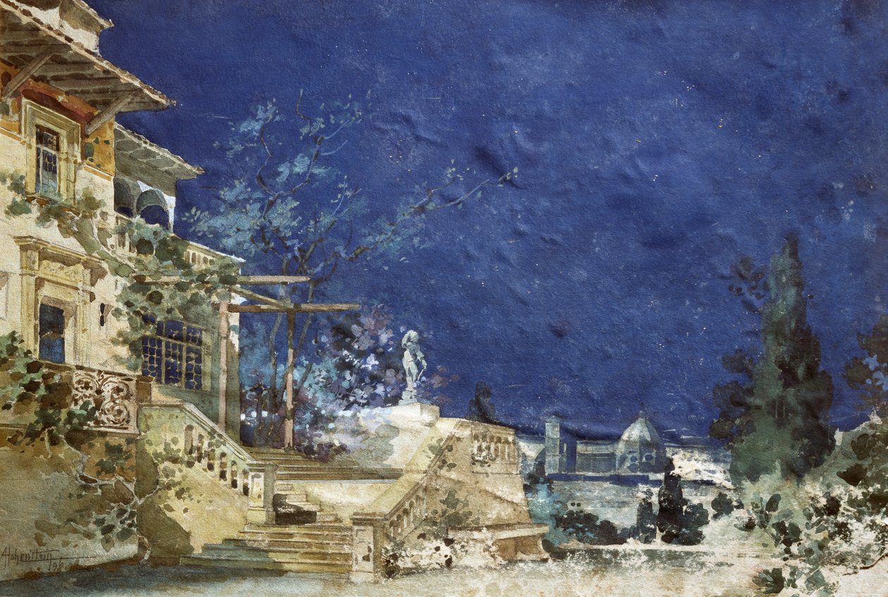 Pietro Mascagni'nin (1863-1945) operası Zanetto'nun galası için Adolfo Hohenstein'ın (1854-1928) set tasarımı by Adolfo Hohenstein