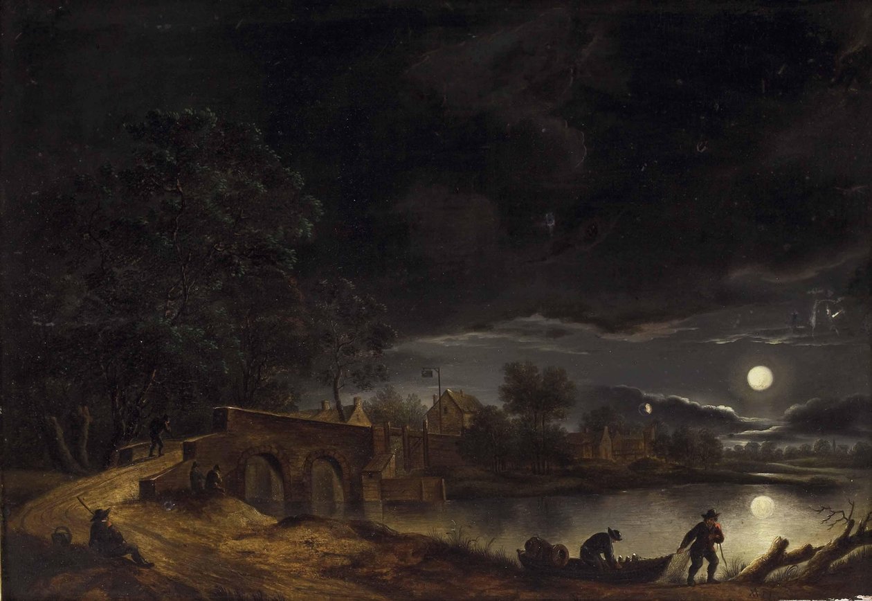 Köprü ve personel ile nehir üzerinde köy üzerinde dolunay by Adolph Friedrich Vollmer