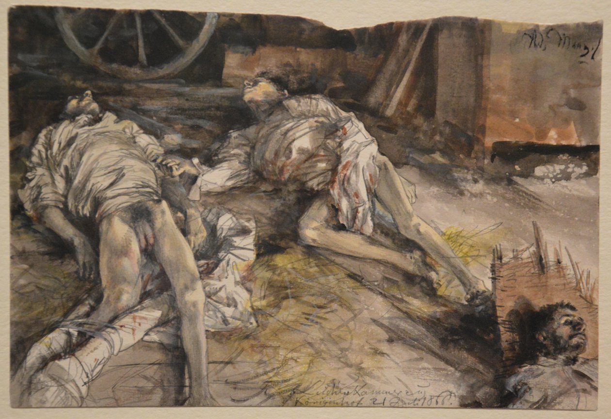 Bir ahırda üç düşmüş asker by Adolph Menzel