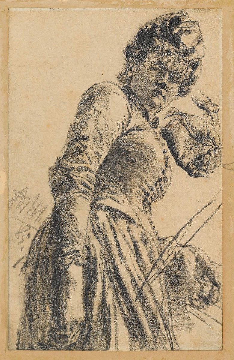 Şapkalı bir kadının model çalışması by Adolph Menzel
