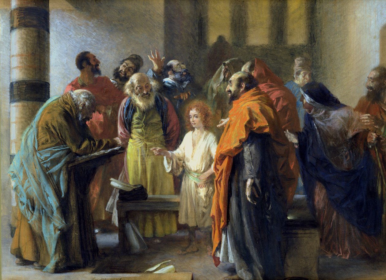 Twelve-year old Jesus in the Temple, 1851 (pastel and gouache on paper) by Adolph Menzel