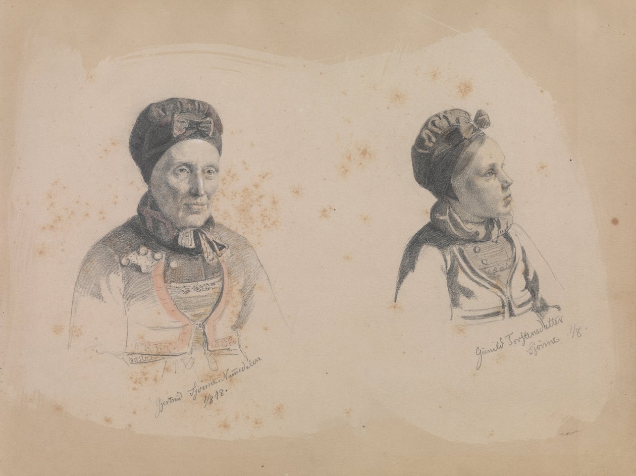 Gjertrud Skjønne ve Gunhild Torstensdatter Skjønne by Adolph Tidemand