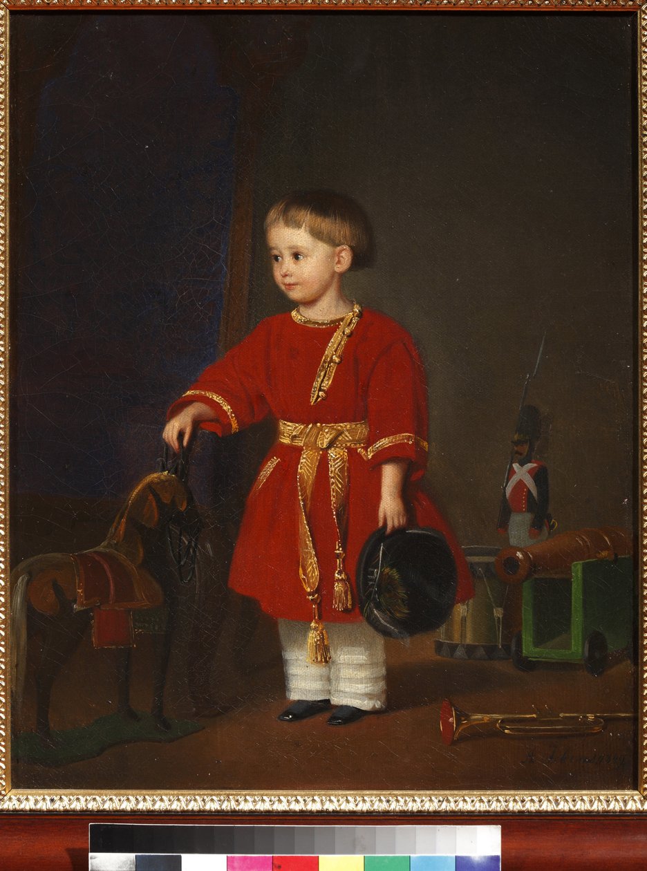 ""Askeri oyuncaklarla kırmızı elbiseli bir çocuğun portresi"" (Askeri oyuncaklarla kırmızı elbiseli bir çocuğun portresi) Resim Adolf Jebens (1819-1888) 1849 Sanat ve pedagojik oyuncak müzesi, Sergiyev Posad by Adolph Gebens