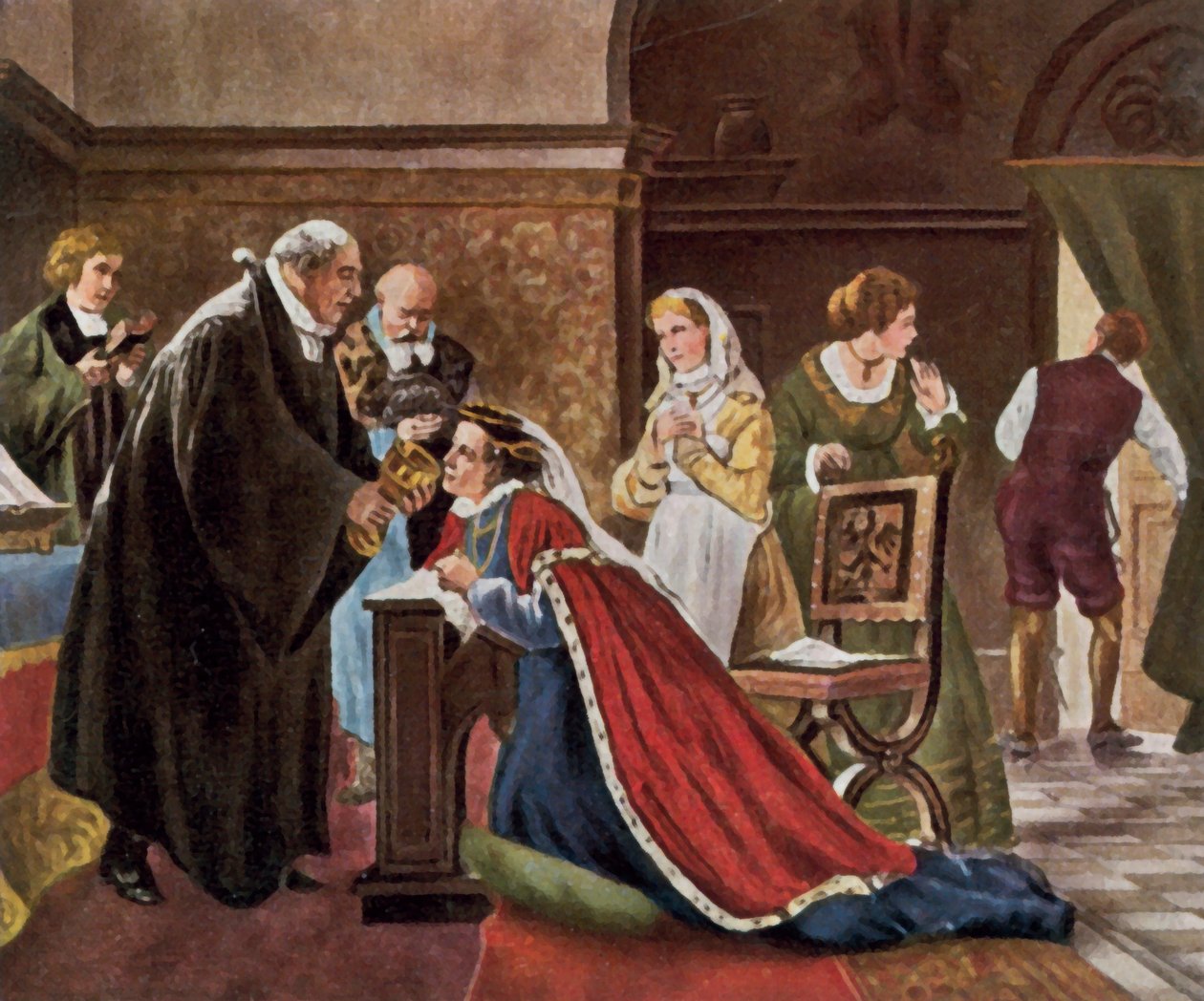 Elektres Elisabeth Protestan ayinine göre komünyon alıyor (geliştirilmiş renkli taş baskı) by Adolph (after) Treidler