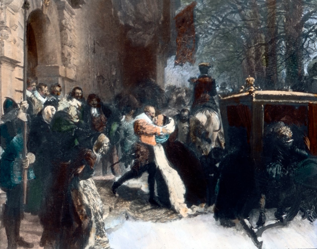 İsveç kralı Gustav Adolf eşi Brandenburg'lu Maria Eleonora'yı karşılıyor (resim) by Adolph Friedrich Erdmann von Menzel