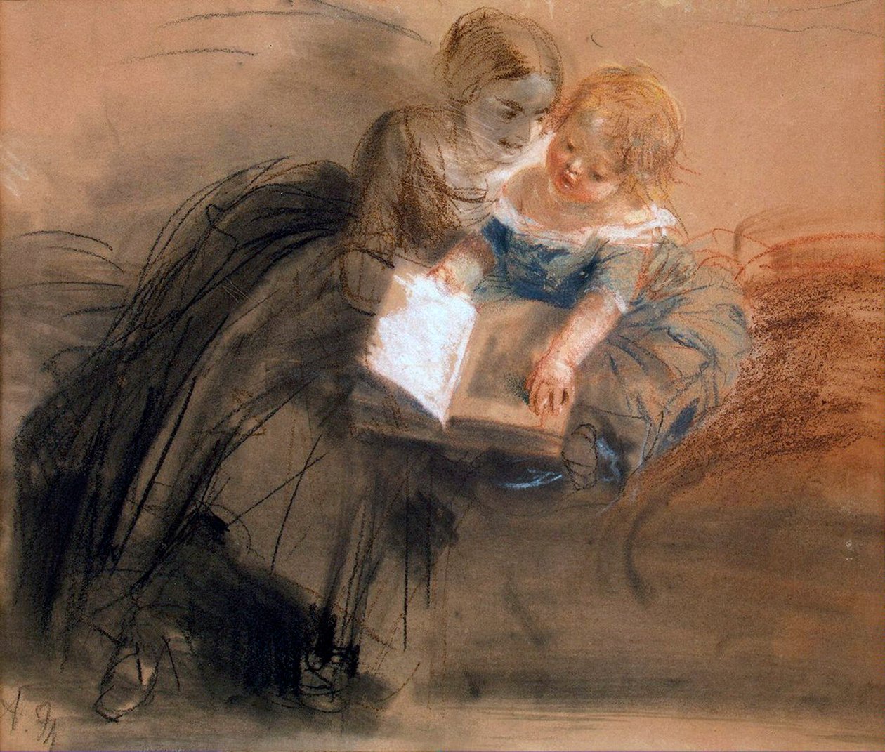 Çocuklu Genç Kadın, 1844-1850 arası. by Adolph Menzel