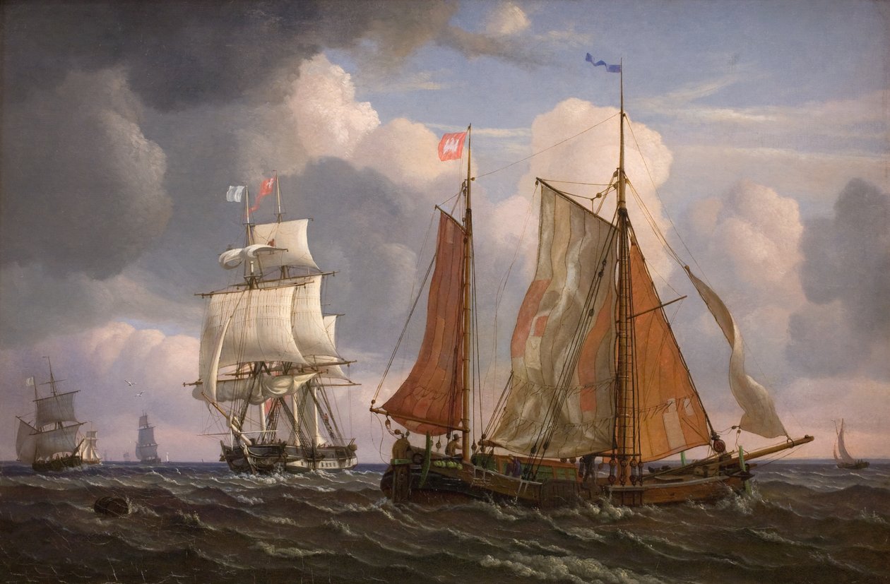 Sesinde Rüzgara Karşı Çarpan ve Yelken Açan Gemiler by Adolph Friedrich Vollmer