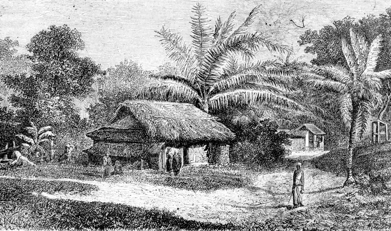 Colombo vadisindeki köy, Sri Lanka (gravür) by Adolph Hermann & Robert (after) Schlagintweit