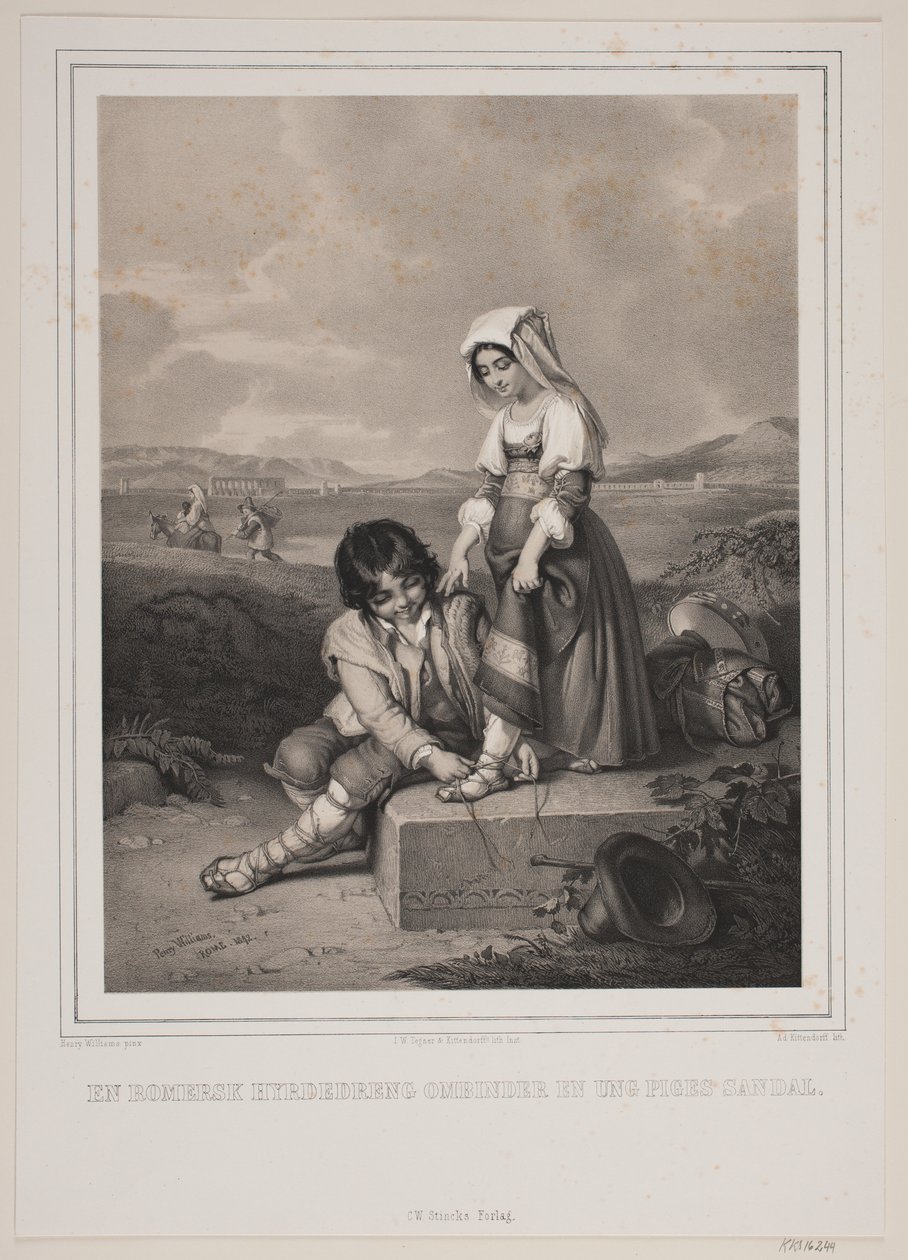 Romalı bir çoban, genç bir kızın sandaletini sarıyor. by Johan Adolph Kittendorff