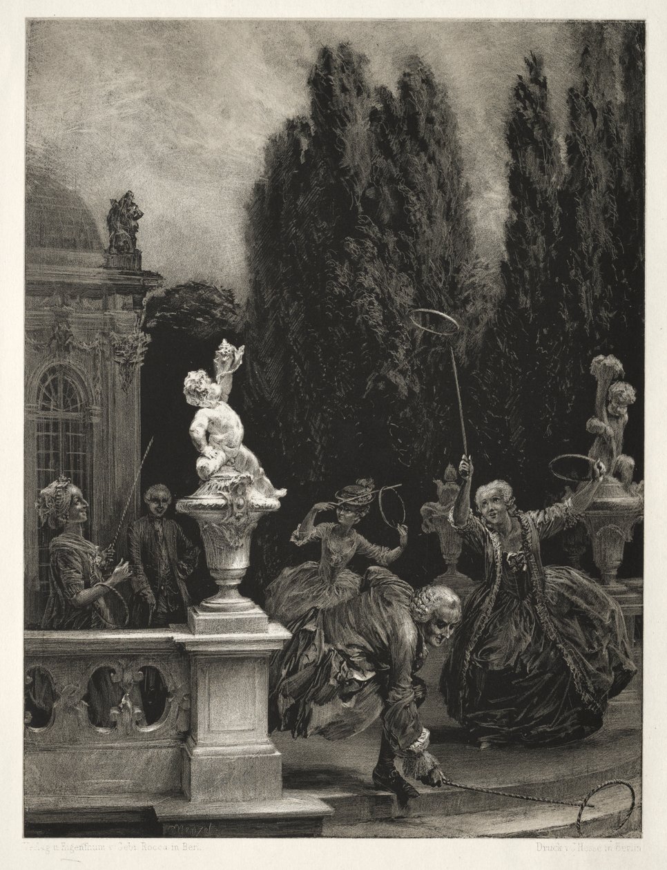 Fırçalı ve Kazıyıcılı Taş Üzerine Deneme: Kale Terasında Çemberlerde Oynamak by Adolph Menzel
