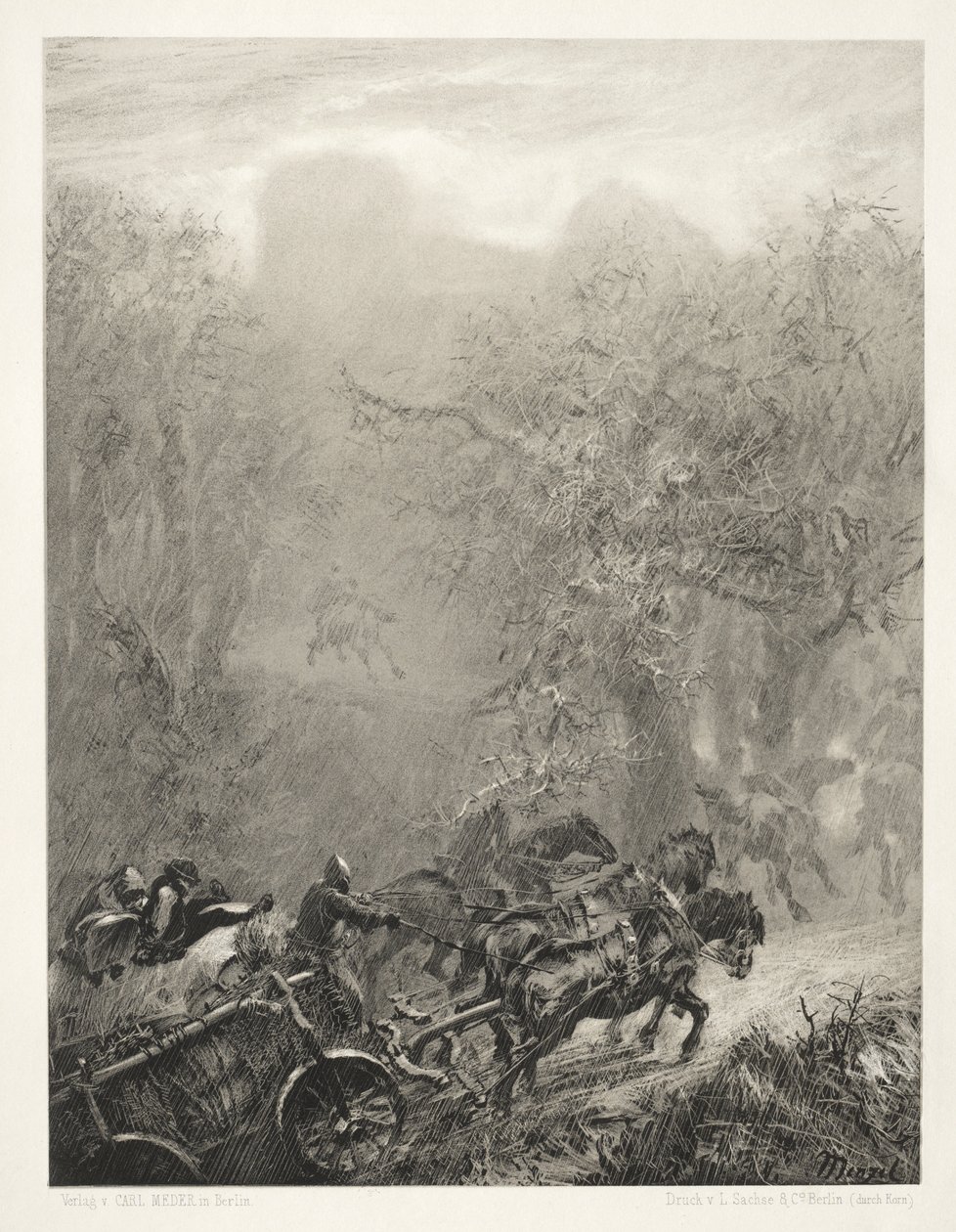 Fırçalı ve Kazıyıcılı Taş Üzerine Deneme: Bir Ormandan Geçen Tutuklular Konvoyu by Adolph Menzel