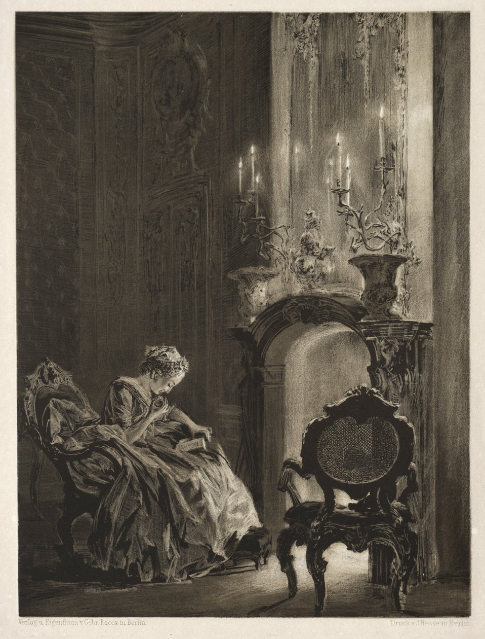 Fırçalı ve Kazıyıcılı Taş Üzerine Deneme: Ocak Başında Okuyan Kadın by Adolph Menzel