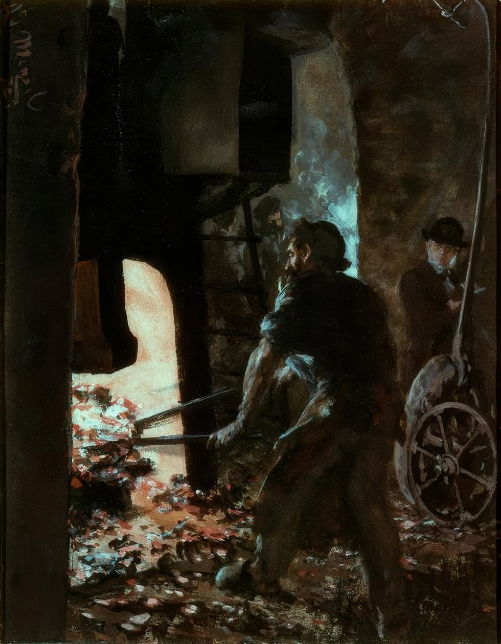 Buharlı çekiçte bir işçi ile otoportre by Adolph Menzel