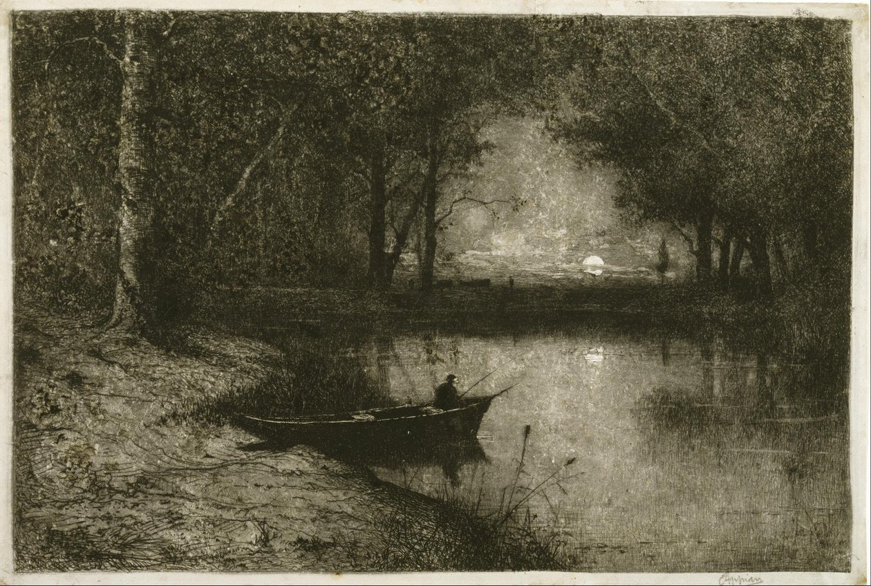 Bir Nehrin Kıyısında Kayıkta Balıkçı by Adolphe Appian