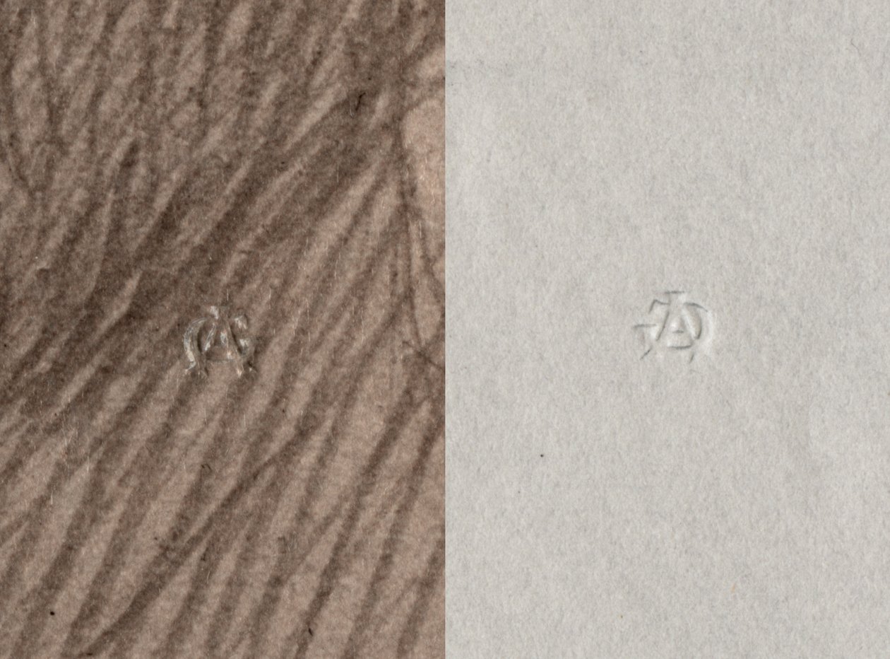 Dry stamp of Adolphe Giraudon, A G, Recto and Verso, detail from the portrait of Leonce Benedite, 1899 (see also 414597) by Adolphe Giraudon