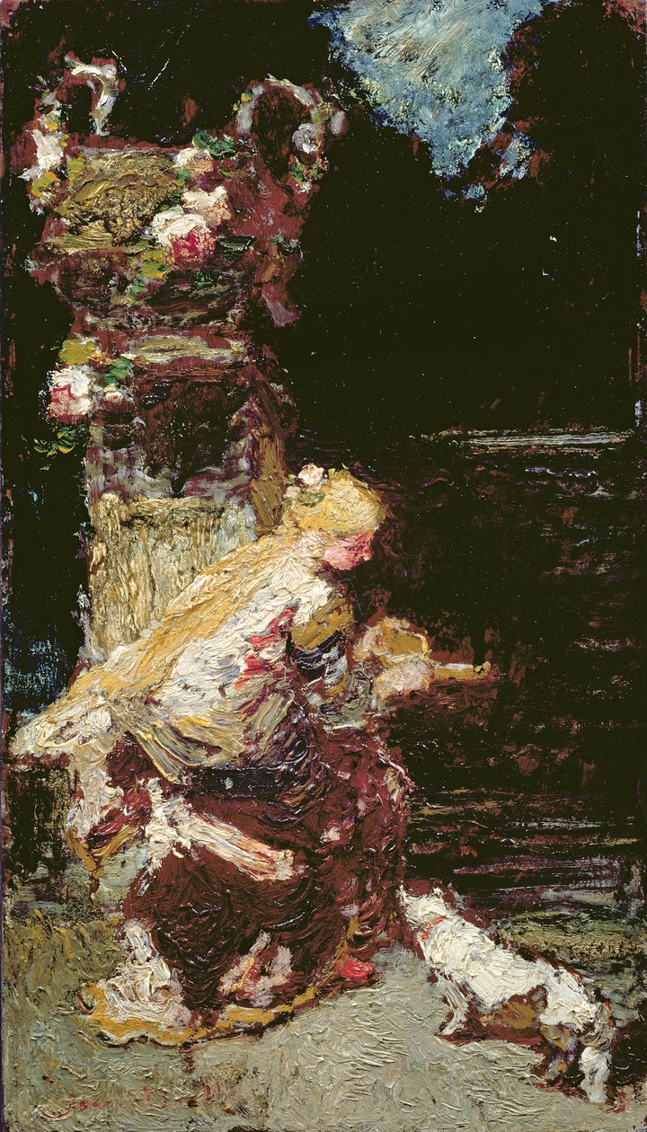 Bir kedi ile genç kız by Adolphe Joseph Thomas Monticelli