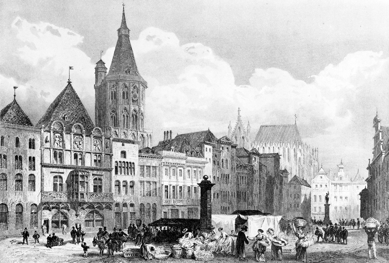 Belediye binası ve belediye binası kulesi ile Alter Markt (Köln). Arka planda hala bitmemiş Köln Katedrali by Adolphe Rouargue