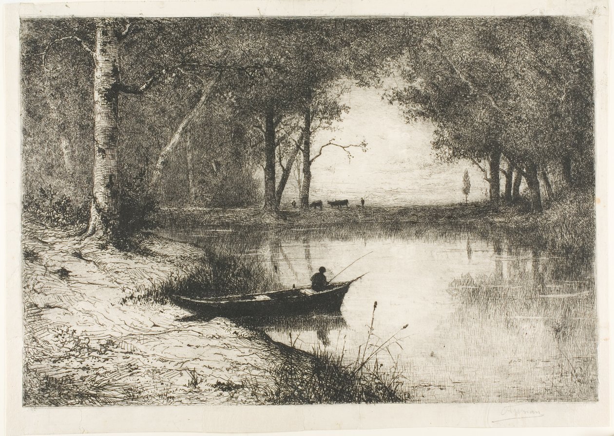 Nehir Kenarında Bir Teknede Balıkçı by Adolphe Appian