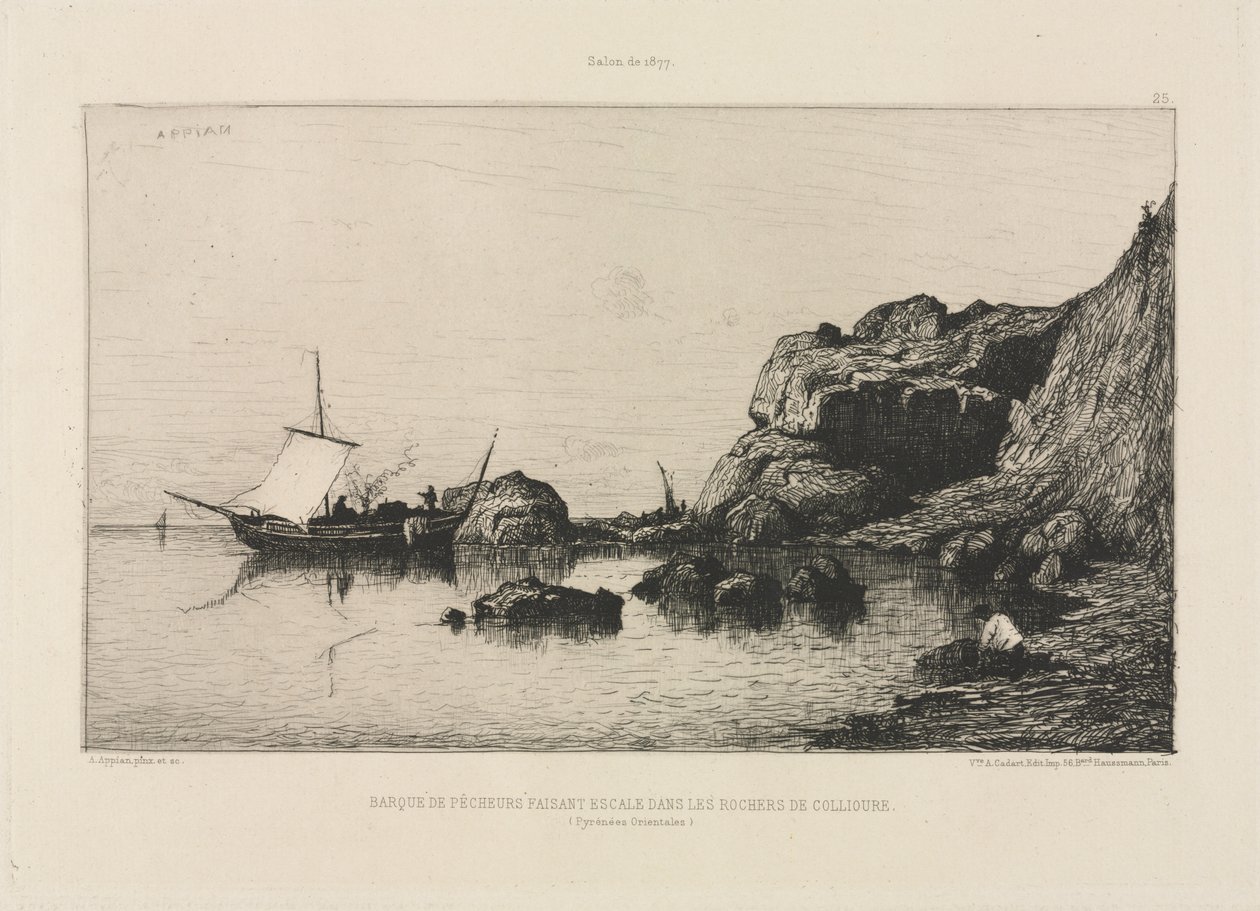 Collioure kayalıklarında bir liman yapan balıkçı teknesi by Adolphe Appian