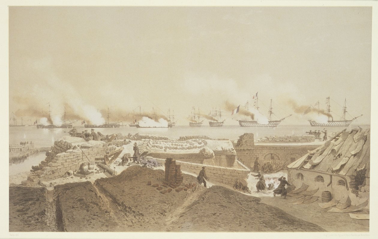 Fransız filosu tarafından Dinyeper Nehri ağzındaki Kil-Bouroun bombardımanı, Nos Souvenirs de Kil-Bouroun kolyesinden LHiver passe dans Le Liman du Dnieper, 1855-56, Eugene Ciceri tarafından oyulmuş (1 by Adolphe Jean Baptiste Bayot and Antoine Leon Morel Fatio