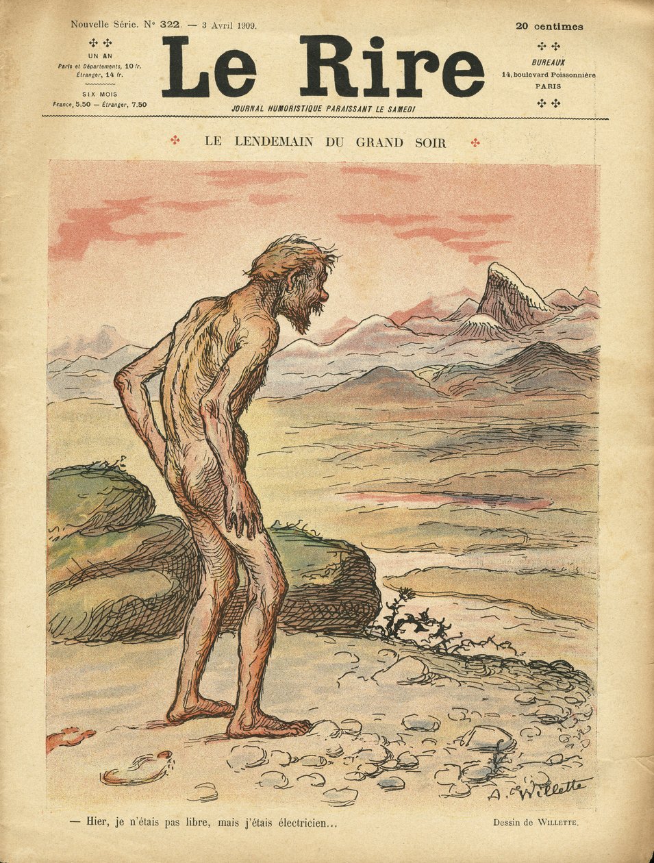 Le Lire Kapağı için Adolphe dit Willette (1857-1926) çizimi, 03/04/09 - Le next day du grand soir - Sosyal, Tarih Öncesi, Kolektivizm - Çıplaklık by Adolphe Leon Willette