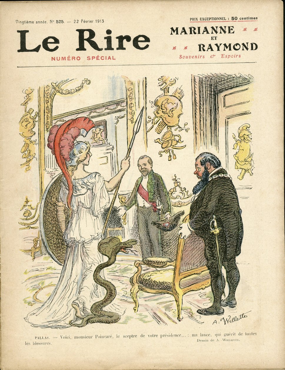 Le Rire Kapağı için Adolphe dit Willette (1857-1926) çizimi, 22/02/13 - Cumhurbaşkanı, Şapka, Elysee, Koltuk (güç sembolü) - Poinscare Raymond by Adolphe Leon Willette