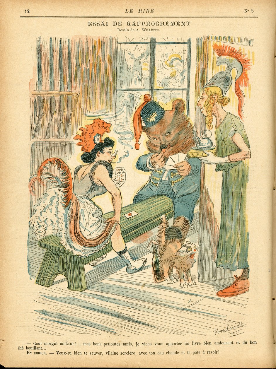 Kahkaha, Renklerde Hiciv: Yakınlaşma - Kağıt oyunu - Marianne, Ayı, Albion Britania - Adolphe (Willette) (1857-1926) tarafından İllüstrasyon by Adolphe Leon Willette