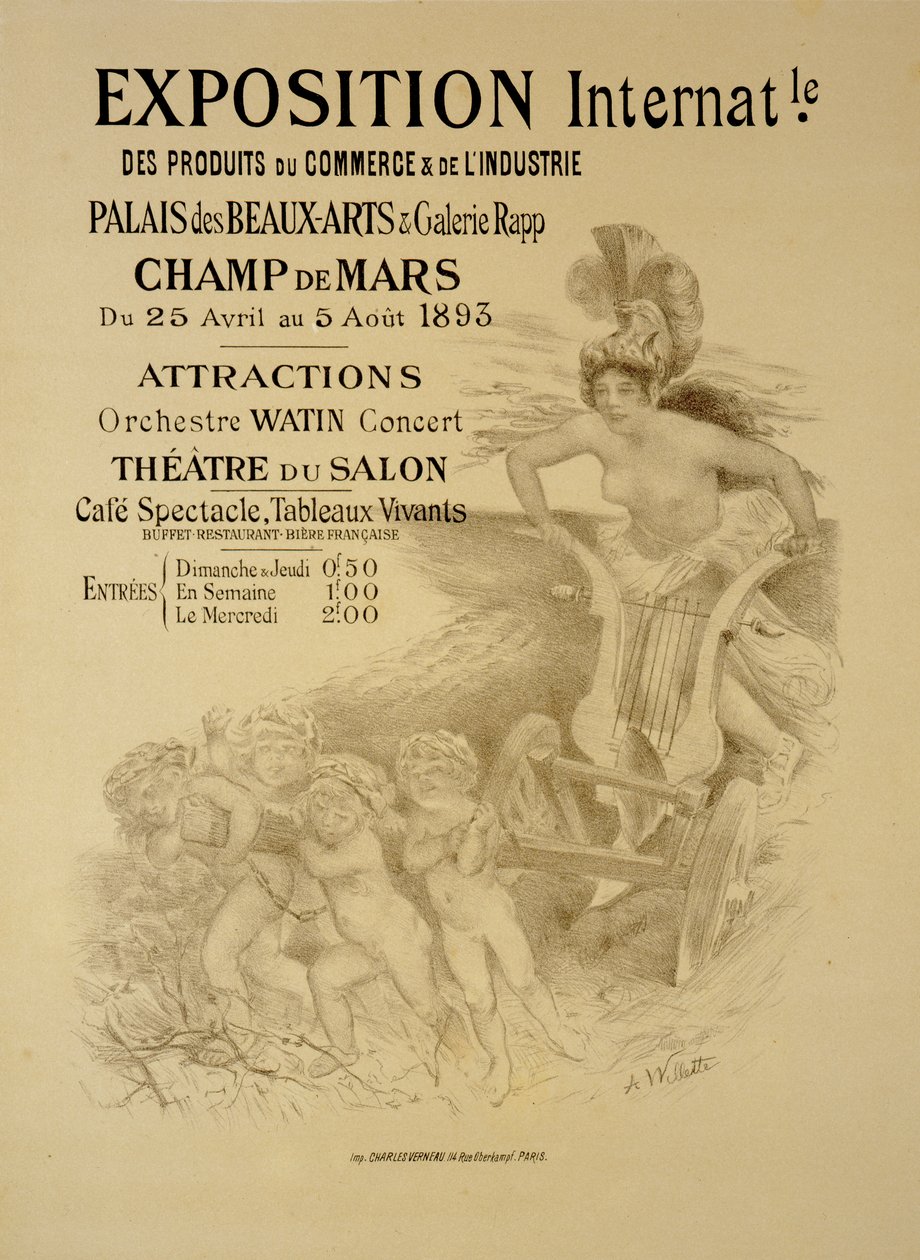 Uluslararası Ticari ve Endüstriyel Ürünler Sergisi, Palais des Beaux-Arts ve Galerie Rapp, Champ de Mars, Paris, 1893 reklam afişinin çoğaltılması by Adolphe Leon Willette