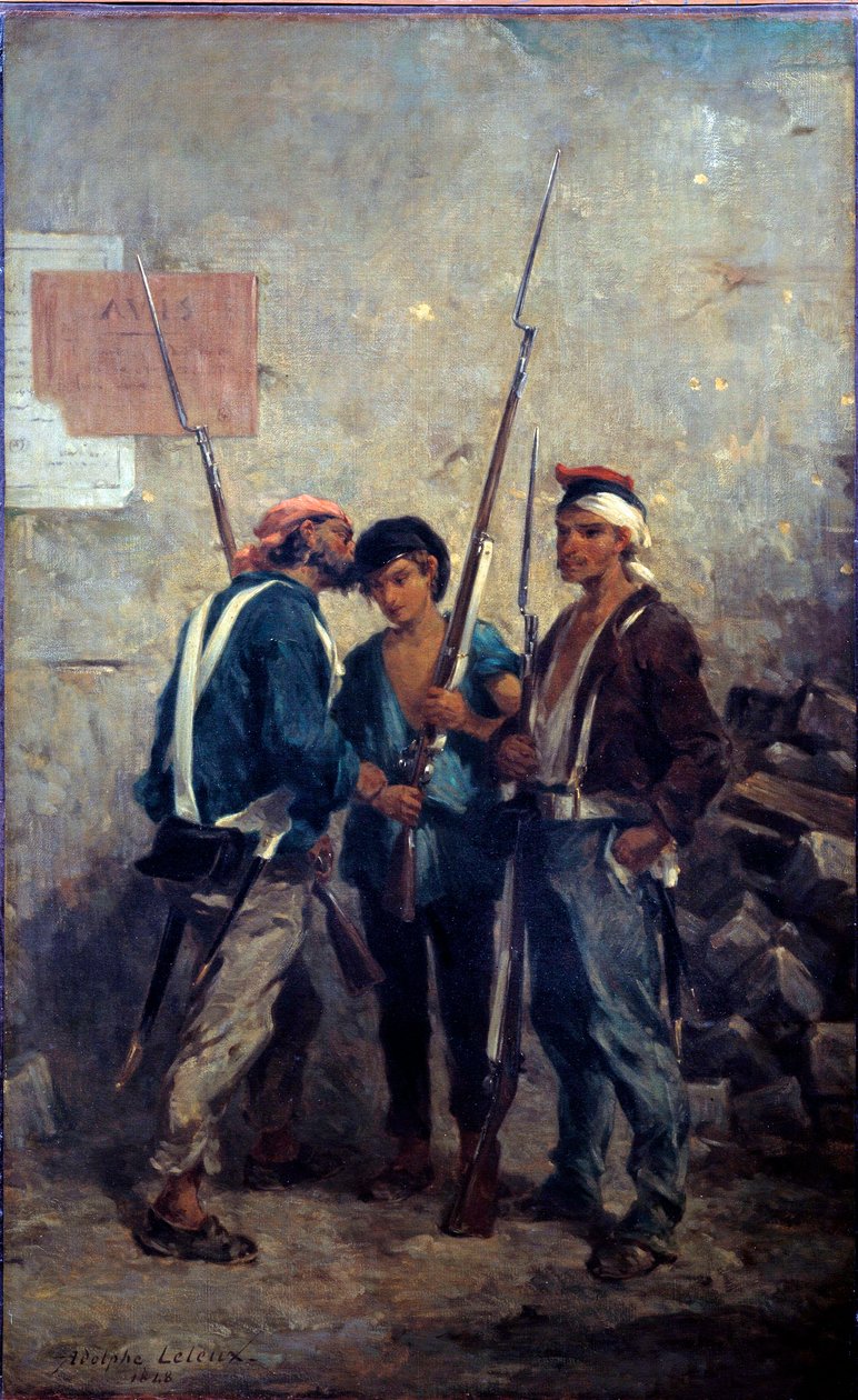 1848 Devrimi: “” slogan”””” 24/02/1848 günü Parisli ayaklanmalar, sözü barikatların yakınından geçirir. Adolphe Pierre Leleux (1812-1891) 1848 Sun tarafından tablo. 0,93x0,58 m by Adolphe Pierre Leleux