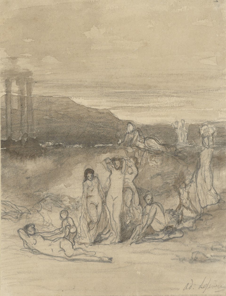 Yatan, ayakta duran ve oturan çıplak figürler ve bir tapınak harabesi ile klasik manzara by Adolphe René Lefèvre