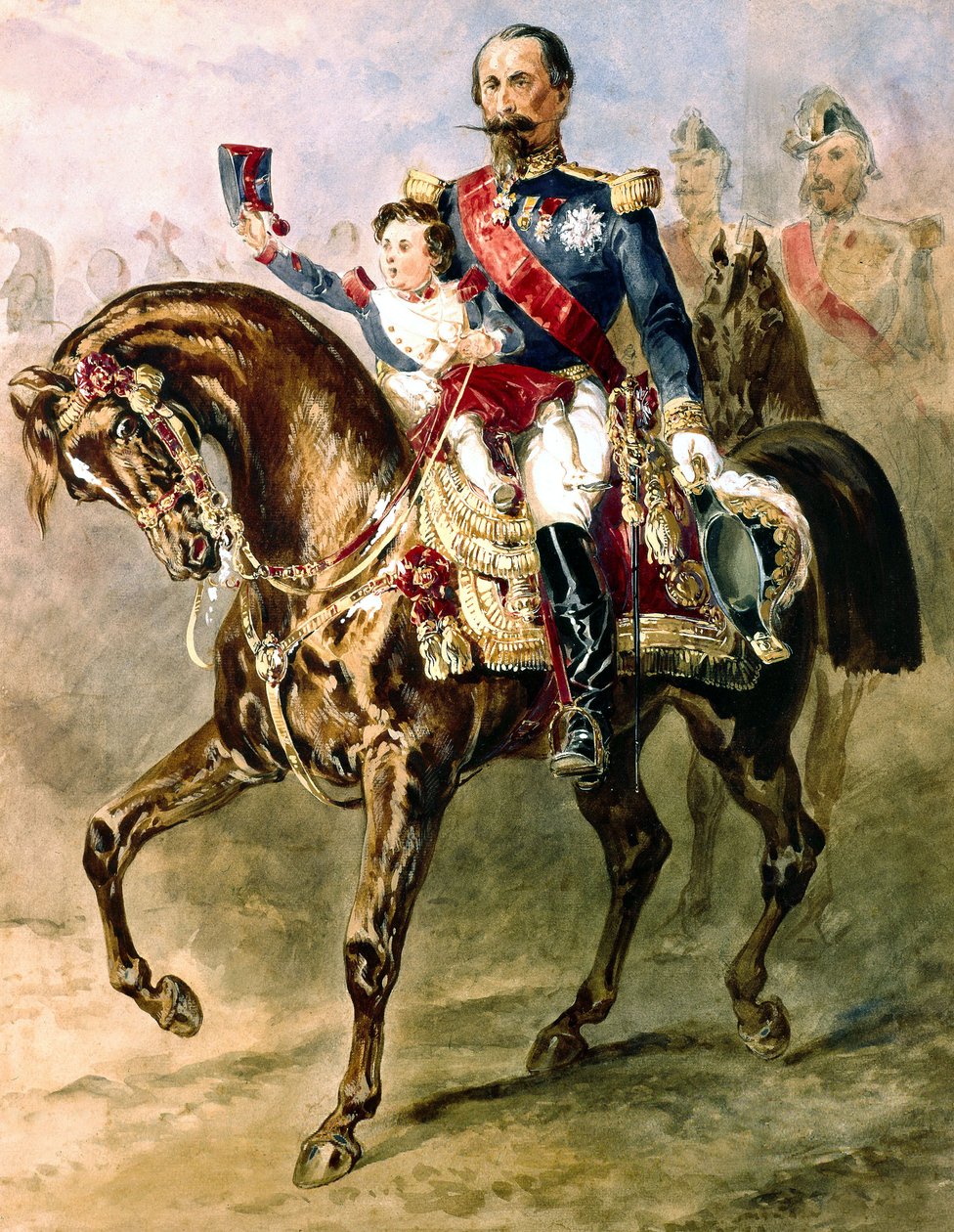Napolyon III, oğlu Louis Napoleon ile ata biniyor by Adolphe Yvon
