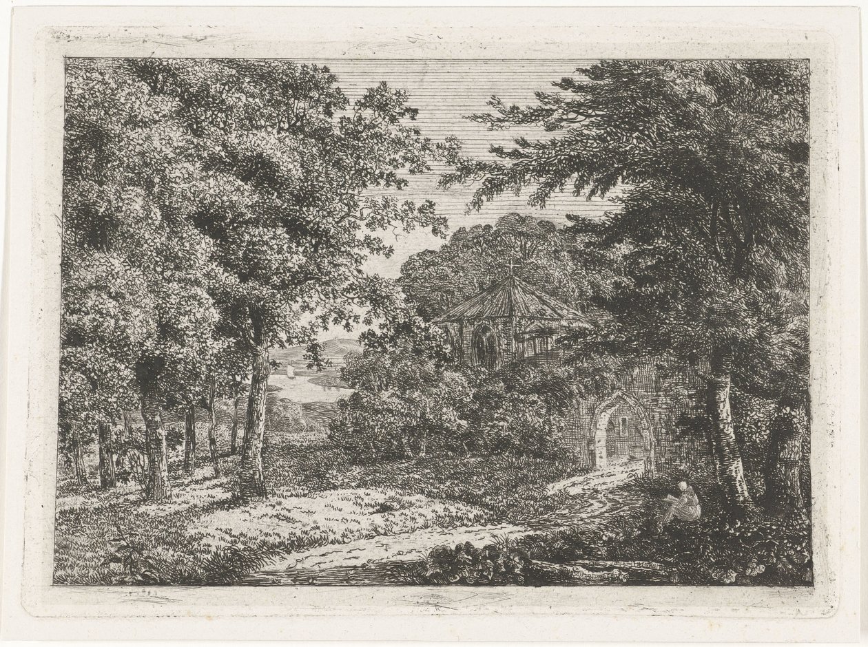 Ağaçlar ve keşiş okuma arasında şapel ile manzara by Adriaan Jacob Willem van Dielen