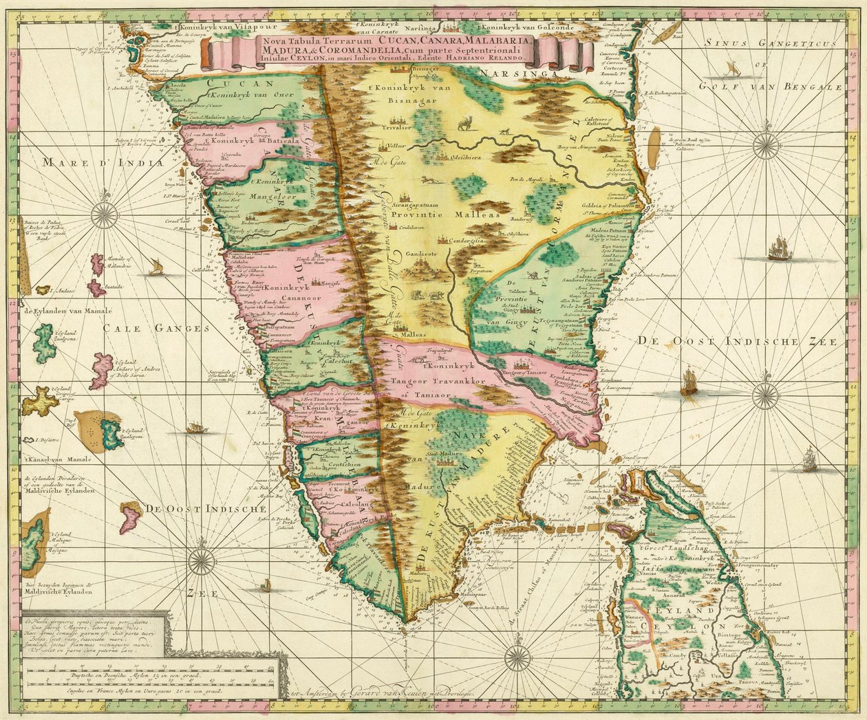 Hollandalı haritacı Adriaan Reland tarafından 1720 dolaylarında yapılan bir çalışmadan sonra Güney Hindistan ve Seylan Haritası by Adriaan Reland