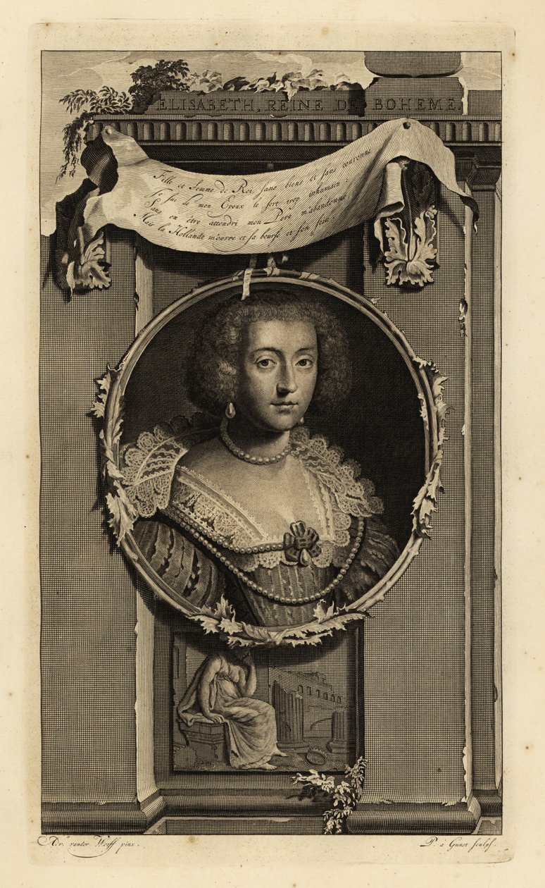 Elisabeth Stuart, Bohemya Kraliçesi, Pfalz Seçmeni, Kış Kralı V. Frederick'in eşi. Elisabeth, Reine de Boheme. Kolları yırtmaçlı, incili dantel yakalı elbise. Düşmüş bir tacı düşünen kadın skeçi. Bakır levha oyma by Adriaan van der (after) Werff