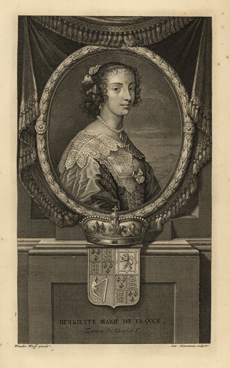 Fransa Kralı Henrietta Maria, İngiltere Kralı I. Charles'ın eşi. Henriette Marie de France. Dantel yakalı elbise, inci kolye. Taç ve arması ile. Isaac de Larrey'nin H'sinden Adriaen van der Werff'ten sonra Charles Simonneau'nun bakır le by Adriaan van der (after) Werff