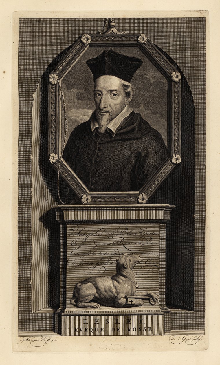 John Lesley, İskoç tarihçi ve Ross Piskoposu. Rosse Piskoposu. Anahtarlı köpek. Isaac de Larrey'nin Histoire d'Angleterre, d'Ecosse et d'Irlande, Amsterdam'dan Adriaen van der Werff'ten sonra Pieter Stevens van Gunst tarafından yapı by Adriaan van der (after) Werff