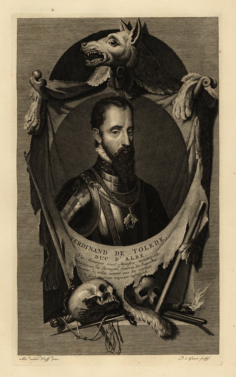 Ferdinand Alvarez de Toledo y Pimentel, 3. Alba Dükü veya Demir Dük'ün portresi. Altın Post düzenine sahip zincirli zırh takımı içinde. Kurt derisi, insan kafatasları, kılıç, hançer ve çakmaklı tabanca ile. Ferdinand de Tolede, Duc d'Albe. Bakır by Adriaan van der (after) Werff