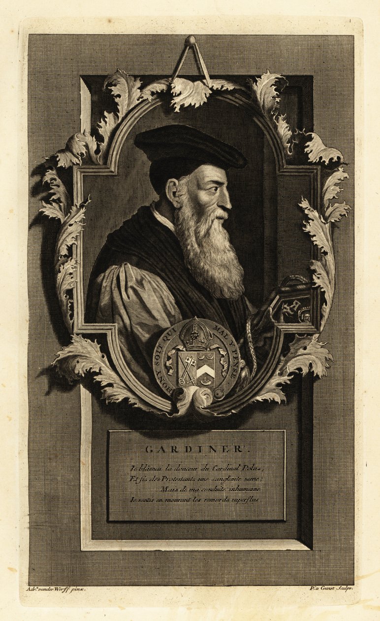 Winchester Piskoposu ve politikacı Stephen Gardiner'in portresi. Arması ile. Isaac de Larrey'nin Histoire d'Angleterre, d'Ecosse et d'Irlande, Reinier Leers, Rotterdam'dan Adriaen van der Werff'den sonra Pieter Stevens van Gunst by Adriaan van der (after) Werff
