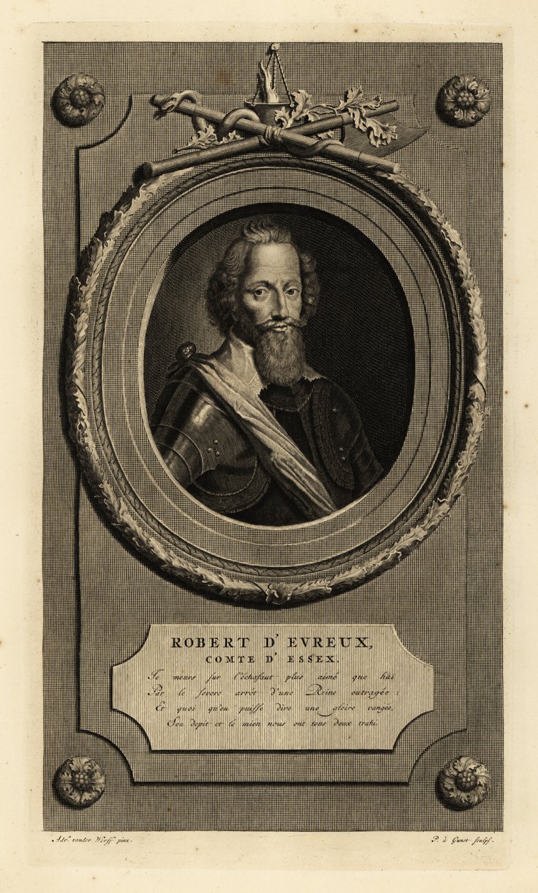 Robert Devereux, Essex'in 2. Kontu, Elizabeth I'in favorisi. Robert d'Evreux, Comte d'Essex. Dantel yakalı, zırh takım elbiseli, kuşaklı. Isaac de Larrey'nin Histoire d'Angleterre'sinden Adriaen van der Werff'ten sonra Piete by Adriaan van der (after) Werff