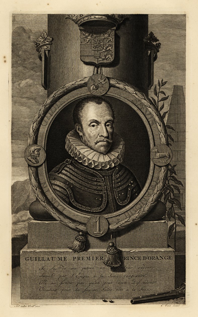 William I, Orange Prensi, William the Silent veya William the Suskun. Guillaume, Premiere Prince d'Orange. Dantel fırfırlı zırh takımı, üstte arma, çakmaklı tabanca ve aşağıda kurşun atış. Adriaen va'dan sonra Gerard Valck tarafından bakır levha gr by Adriaan van der (after) Werff