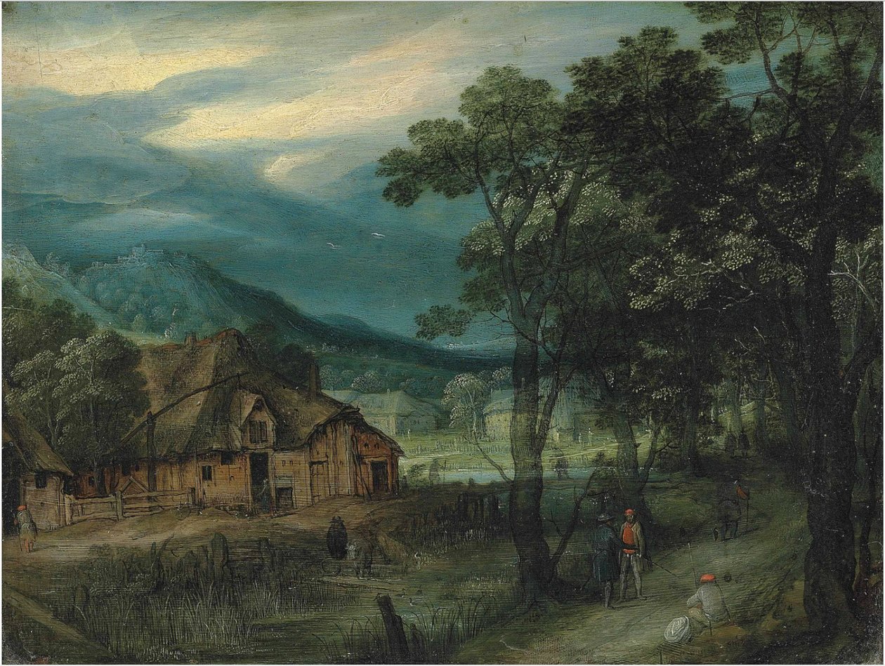 Bir köyün yanında bir yolda yolcuların olduğu ormanlık bir manzara by Adriaen van Stalbemt