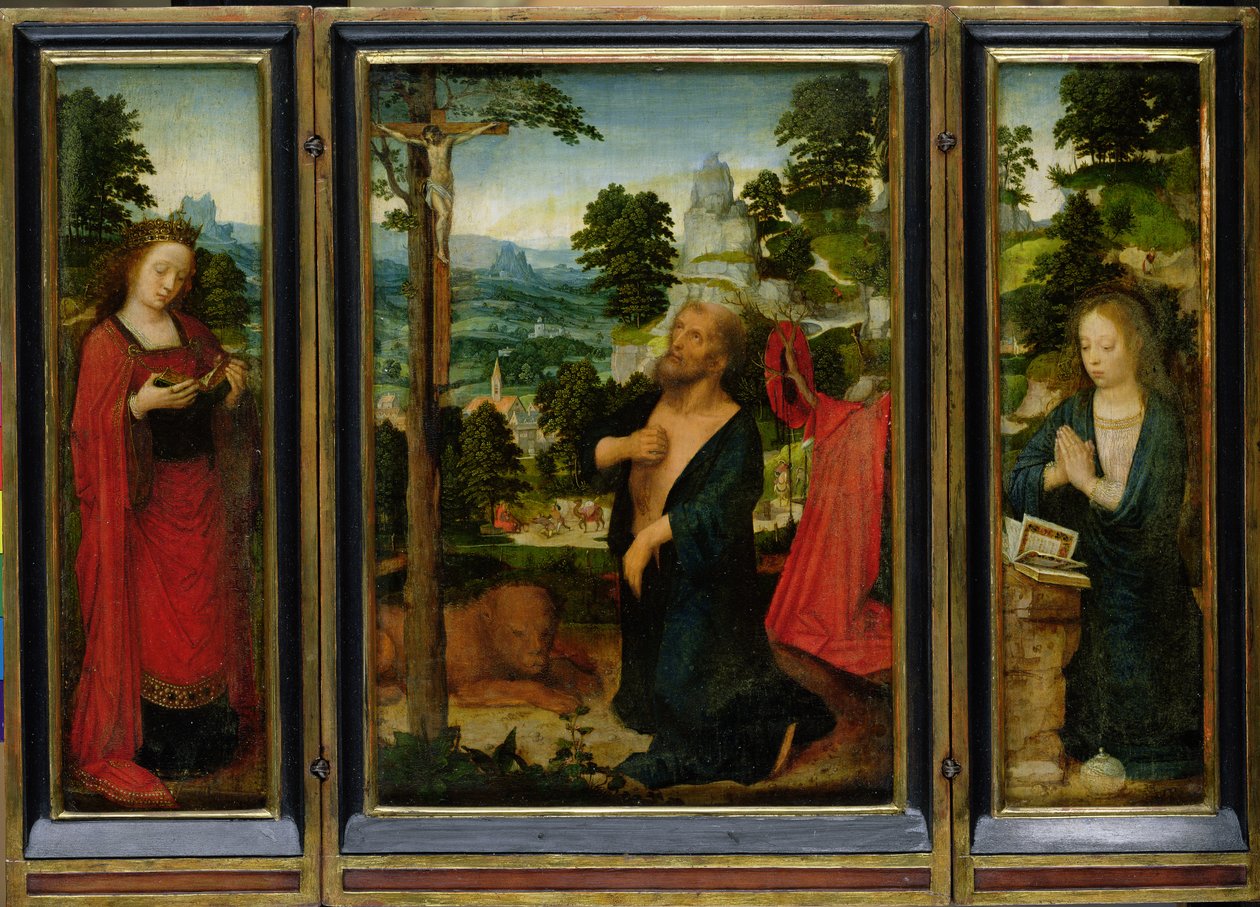 St. Jerome, St. Catherine ve Mary Magdalene ile Üç Parçalı by Adriaen Isenbrandt or Isenbrant