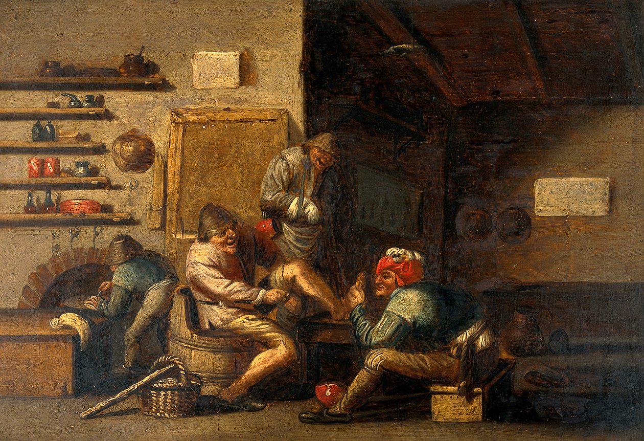 bir adamın ayağı üzerinde çalışan cerrah by Adriaen Jansz. van Ostade