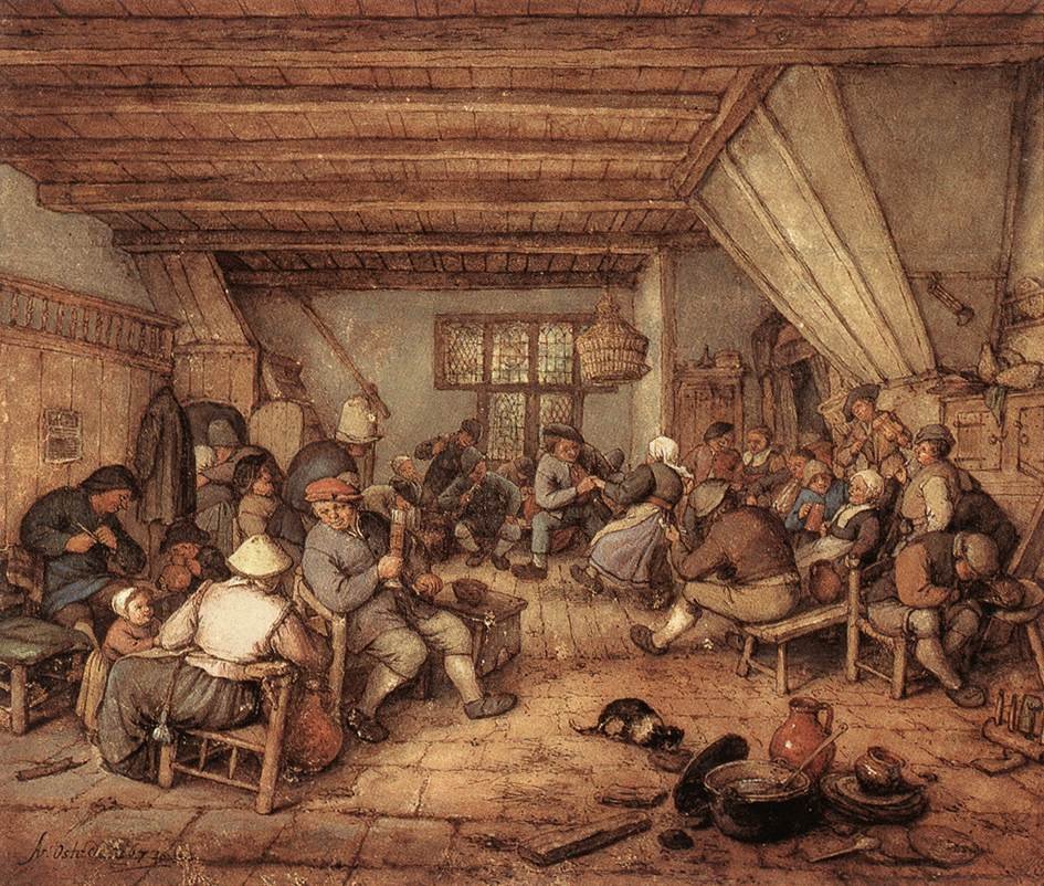 Bir handa dans eden, içki içen ve müzik yapan çiftçiler by Adriaen Jansz. van Ostade